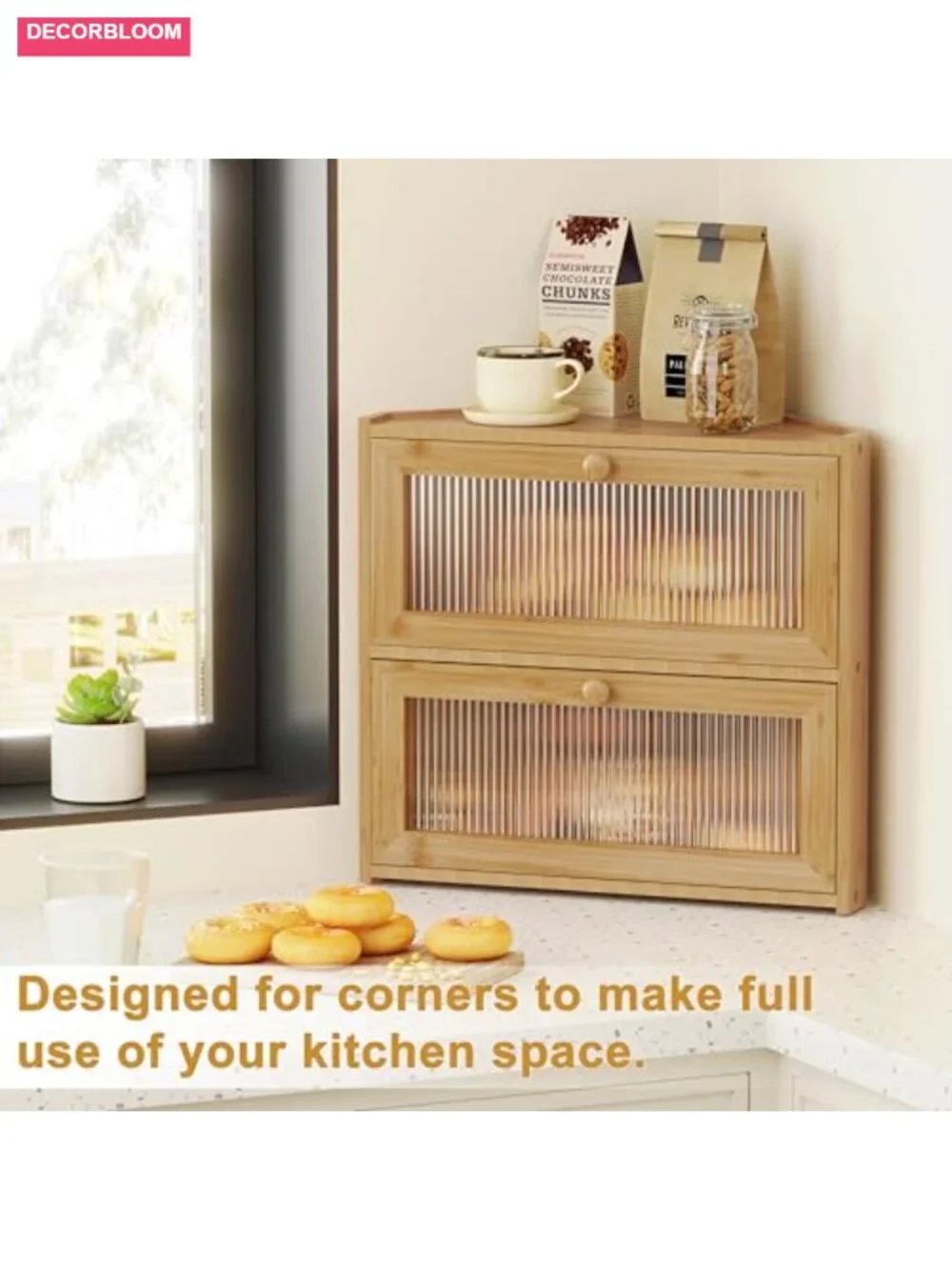 Corner Bread Box Double Layer Bamboo Storage with Wavy Windows Farmhouse Bread